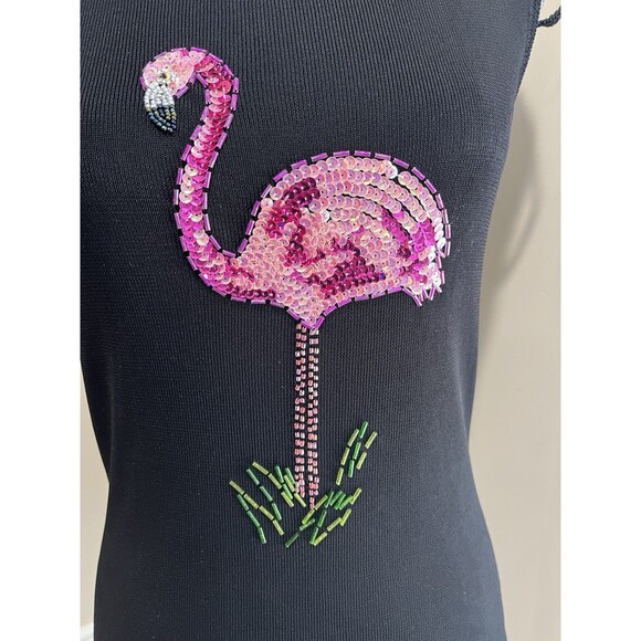 Sweater Works Womens Y2K Flamingo Sequin Knit Top Sz S Black Pink Mob Wife - Picture 7 of 12